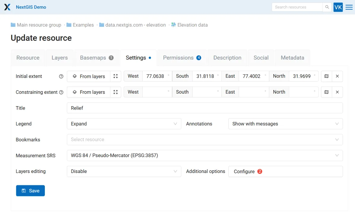 Configuración de geodatos en NextGIS Web