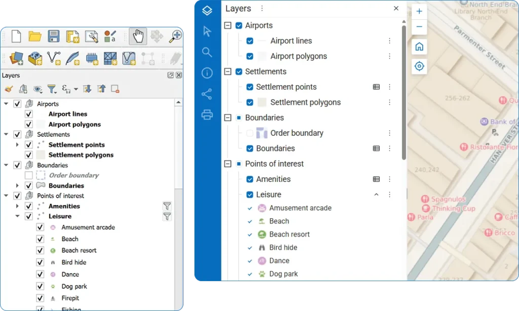 Layer panel: QGIS, Web GIS